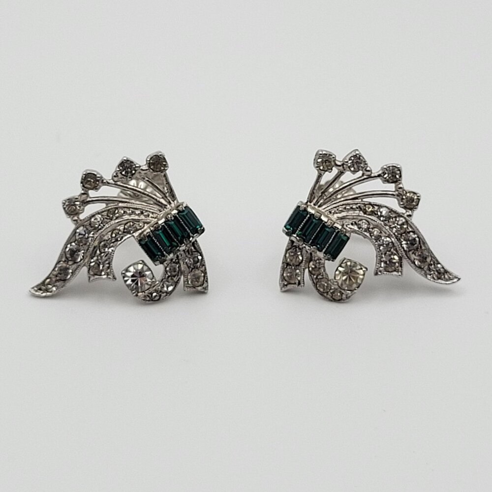 Otis Vintage Sterling Silver Clip On Earrings Emerald Green Rhinestone Signed